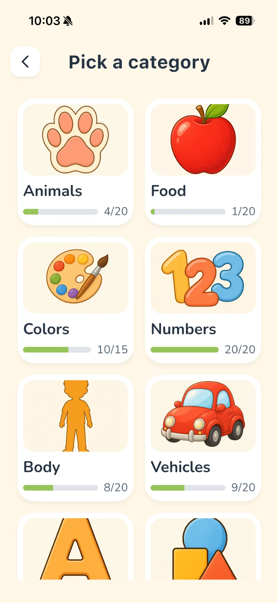 LingoSprout Learn screen showing word categories with progress bars