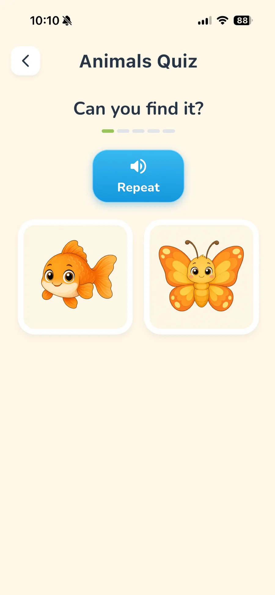 LingoSprout Animals Quiz where the child listens and picks a picture